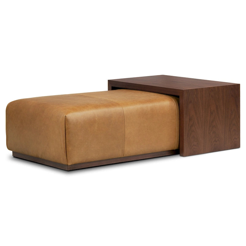 Ottoman avec table ajustable en noyer - Cuir italien véritable pleine fleur