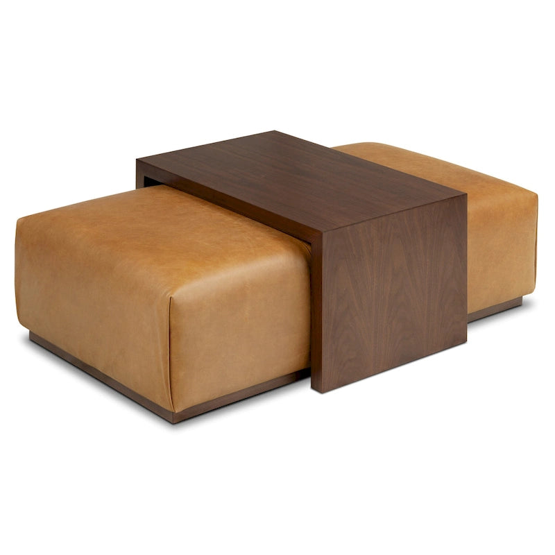 Ottoman avec table ajustable en noyer - Cuir italien véritable pleine fleur