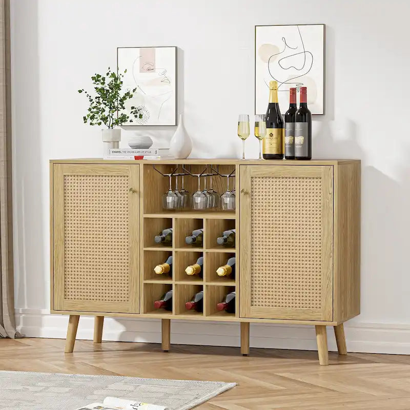 Buffet de cuisine bahut de ferme en bois rotin à 2 portes avec rangement, casier à vin et porte-verres