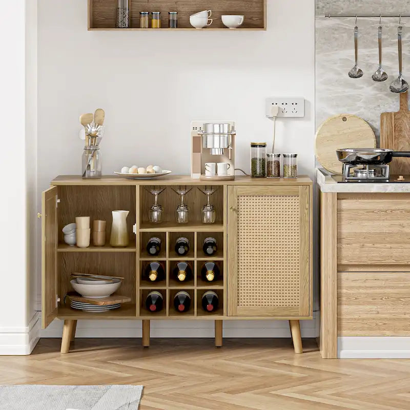 Buffet de cuisine bahut de ferme en bois rotin à 2 portes avec rangement, casier à vin et porte-verres