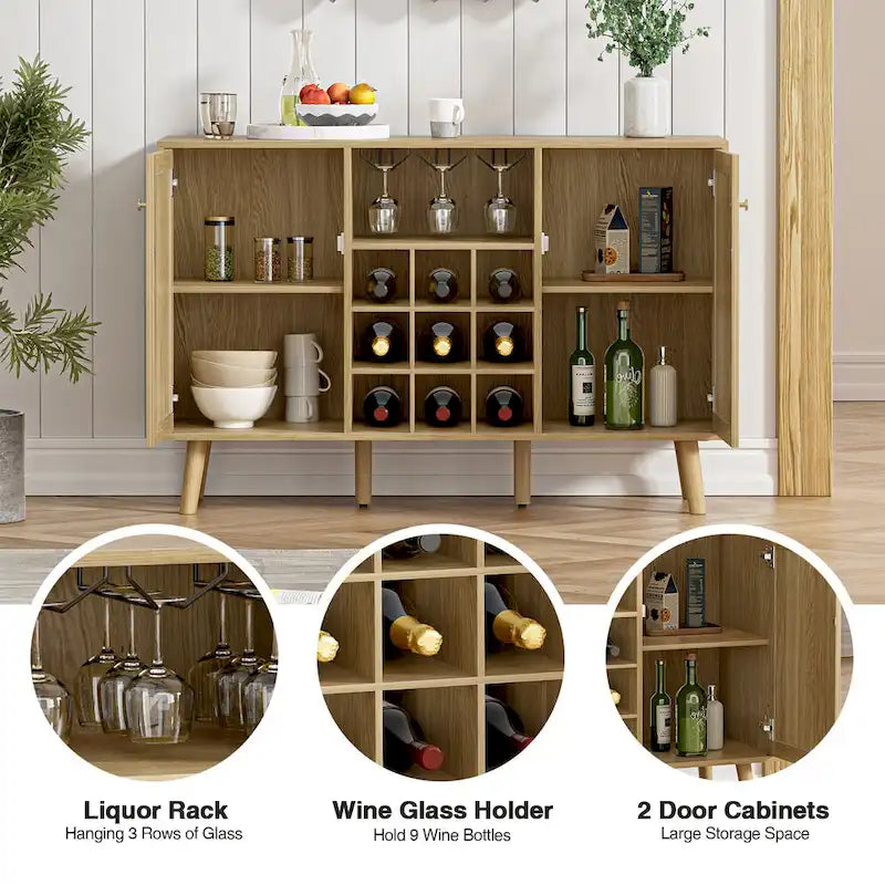 Buffet de cuisine bahut de ferme en bois rotin à 2 portes avec rangement, casier à vin et porte-verres
