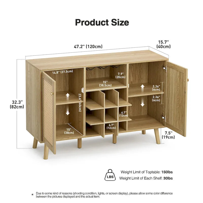 Buffet de cuisine bahut de ferme en bois rotin à 2 portes avec rangement, casier à vin et porte-verres
