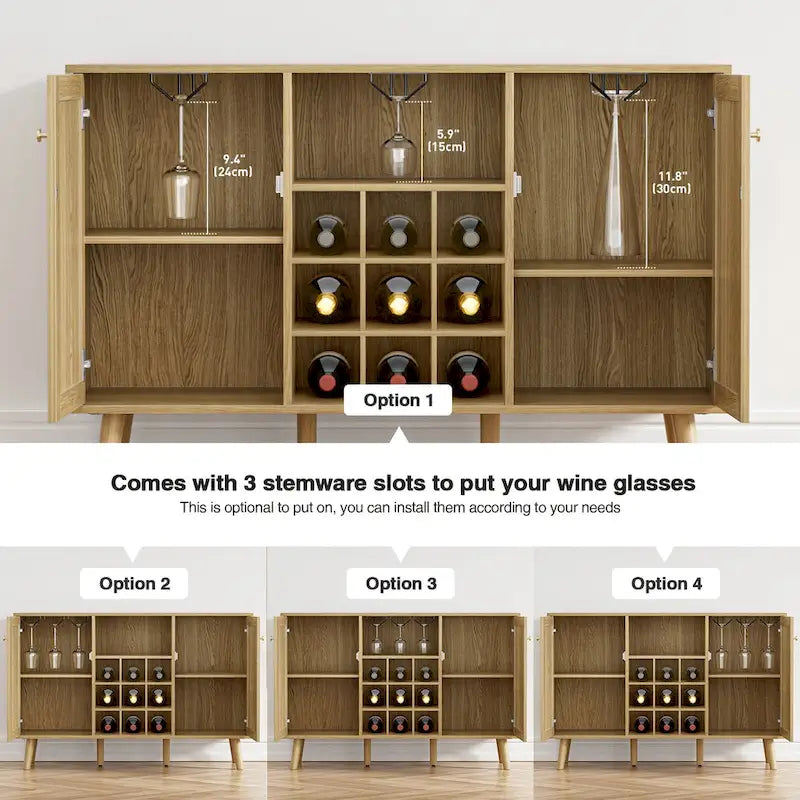 Buffet de cuisine bahut de ferme en bois rotin à 2 portes avec rangement, casier à vin et porte-verres