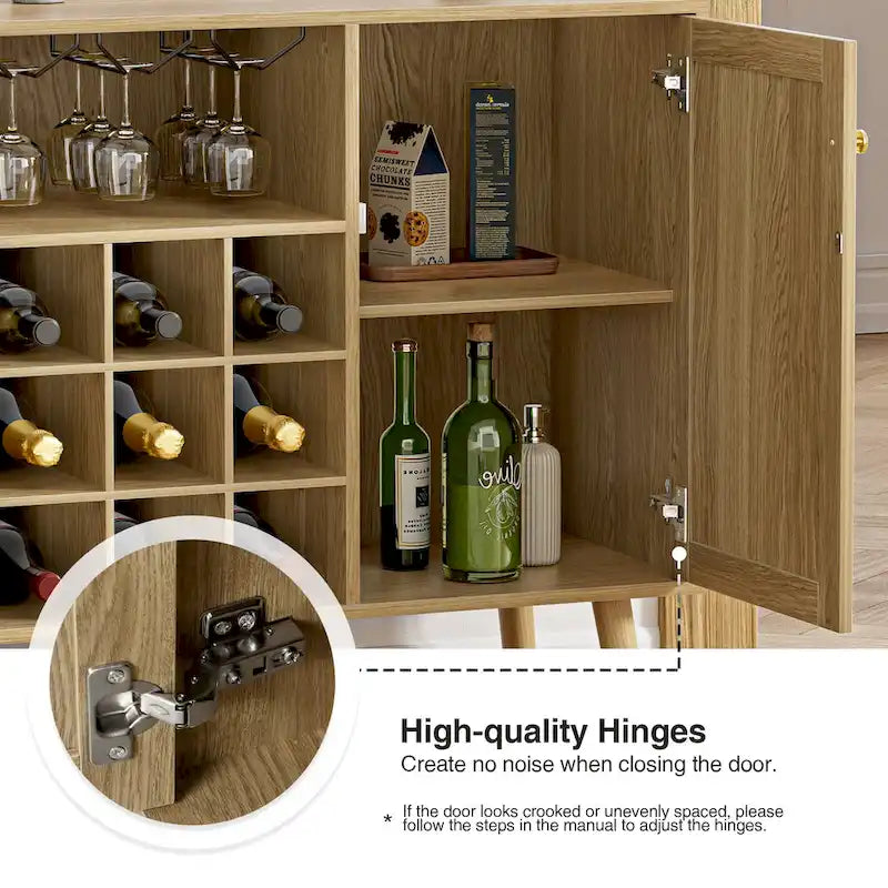 Buffet de cuisine bahut de ferme en bois rotin à 2 portes avec rangement, casier à vin et porte-verres