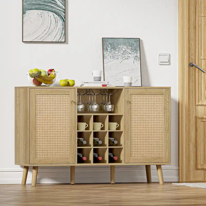 Buffet de cuisine bahut de ferme en bois rotin à 2 portes avec rangement, casier à vin et porte-verres
