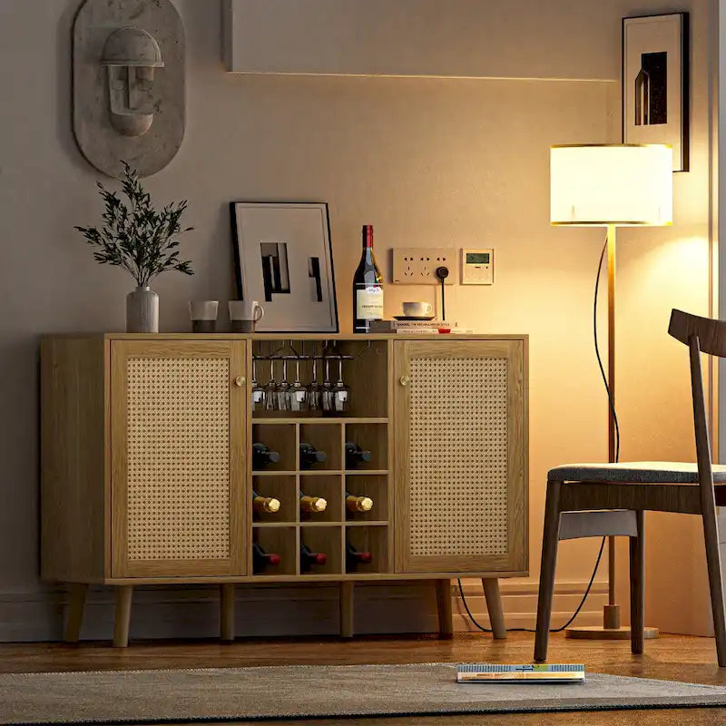 Buffet de cuisine bahut de ferme en bois rotin à 2 portes avec rangement, casier à vin et porte-verres