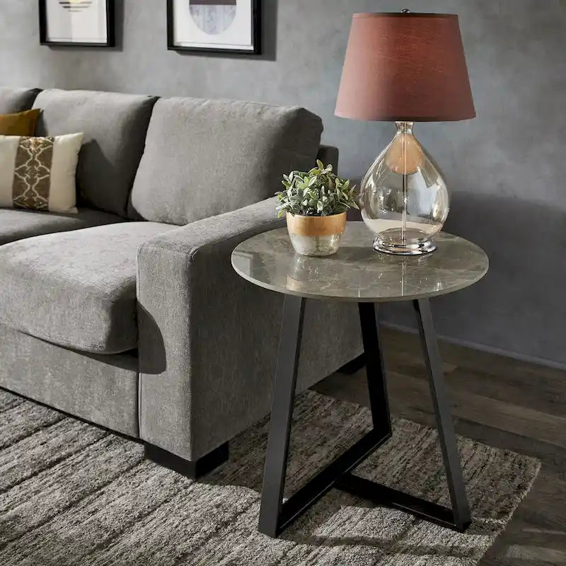 Table d'appoint Modern en pierre frittée brillante avec base en métal gris